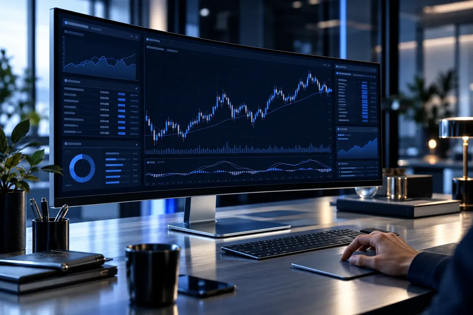 Illustrative trading technology workstation with charts and operational panels