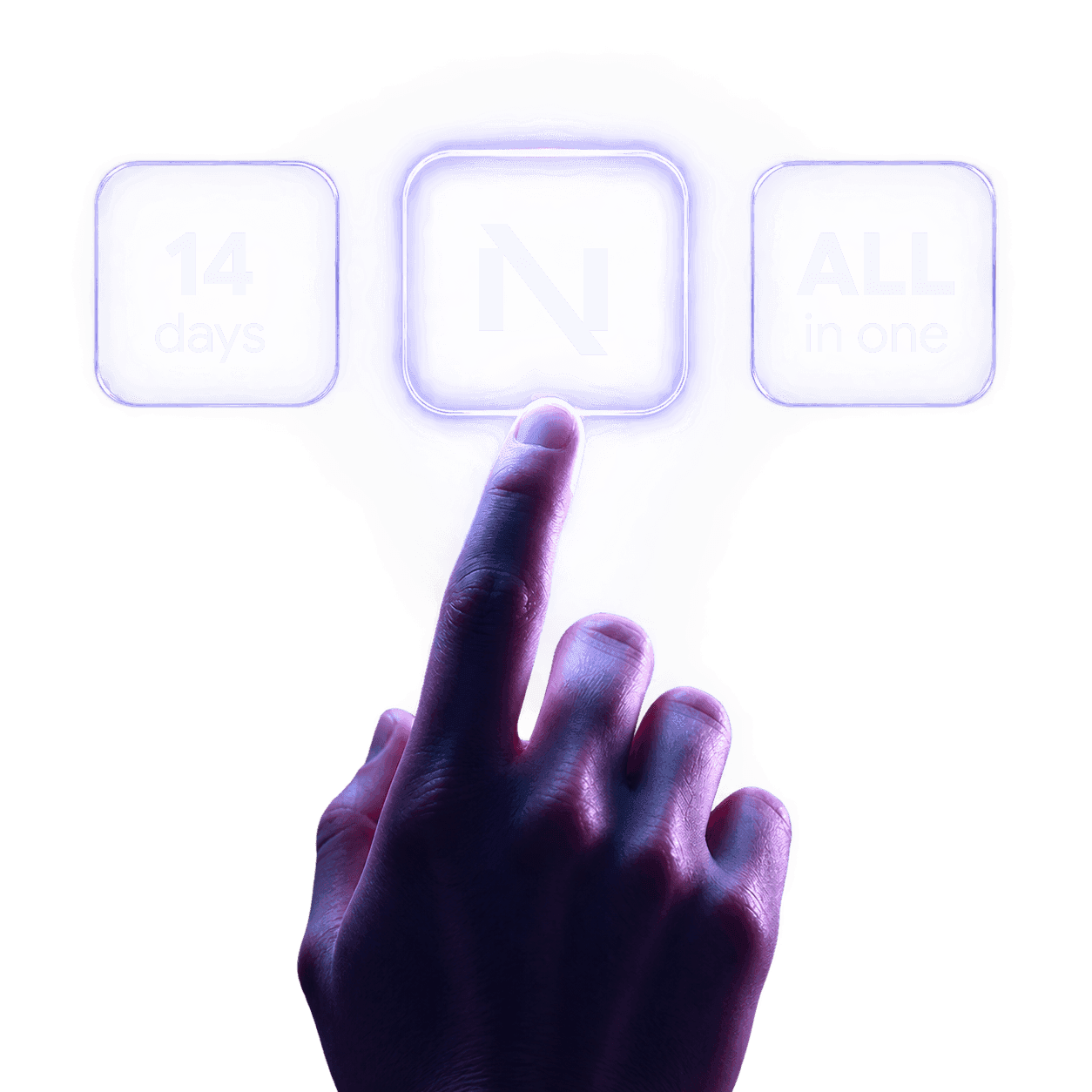Finger tapping a glowing button on the NBS360 prop firm platform interface